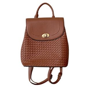 Unbranded Gold Turn Lock Brown Faux Leather Woven  Backpack Adjustable Straps